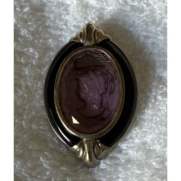 Vintage Sterling Silver Enamel Amethyst Glass Intaglio Cameo Pendant Brooch - Picture 1 of 7